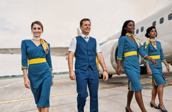 Smiling cabin crew member next to an aircraft